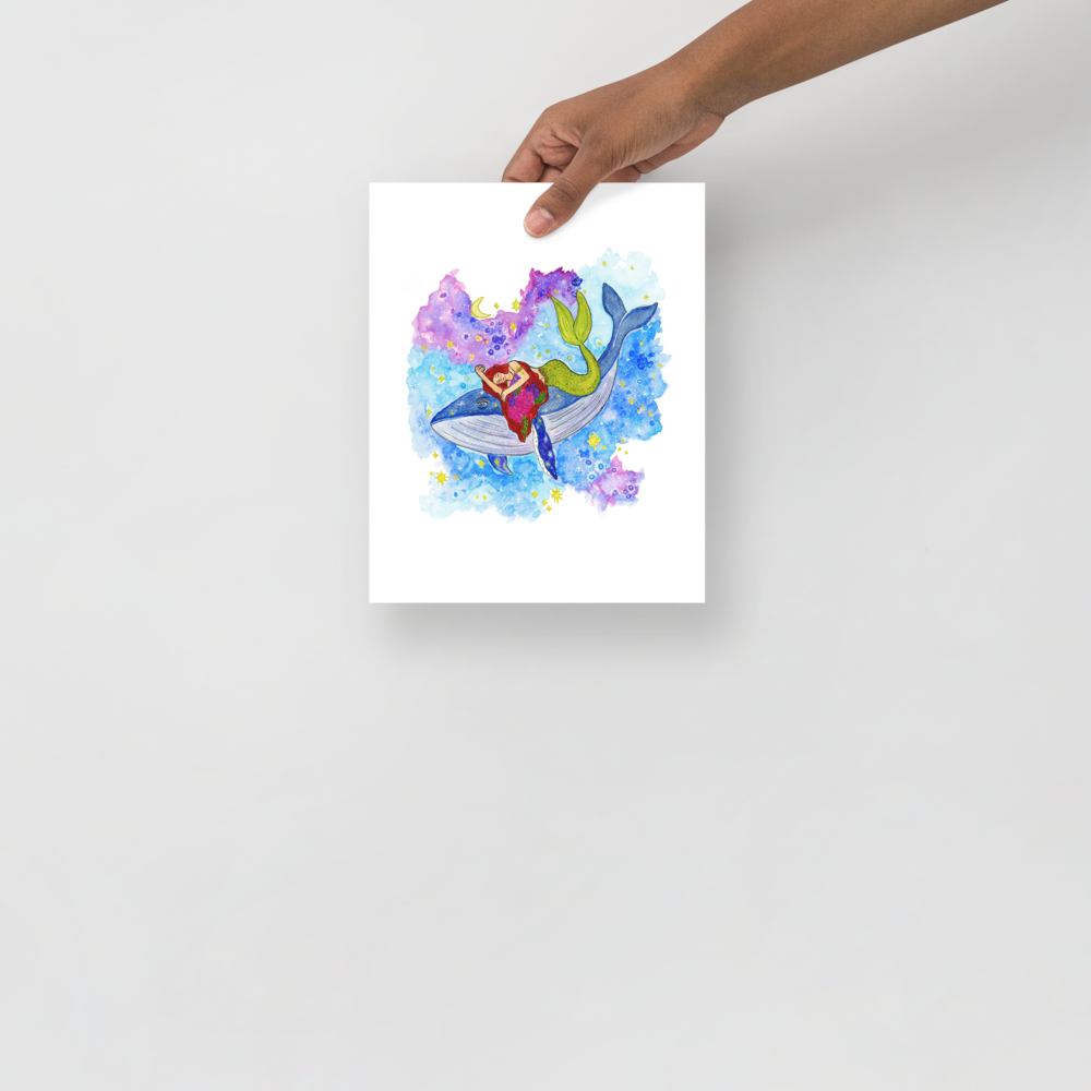 Whale & Mermaid 8x10 Watercolor Art Print | Whimsical Ocean Wall Art