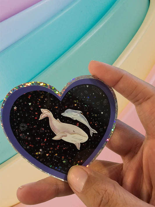 Cosmic Whale in Love – Holographic Heart Vinyl Sticker