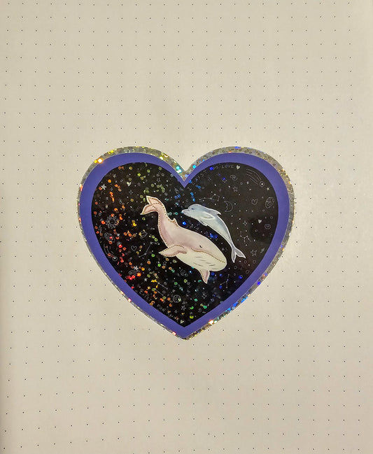 Cosmic Whale in Love – Holographic Heart Vinyl Sticker