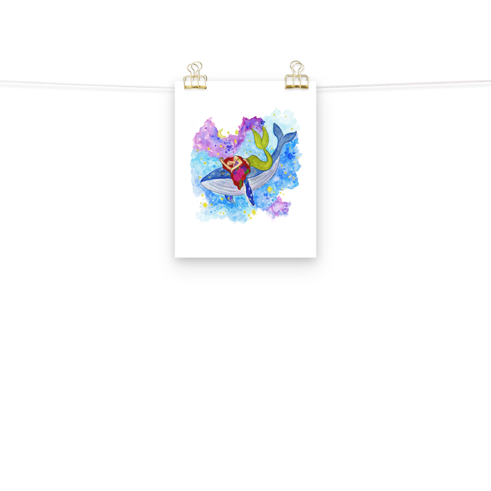 Whale & Mermaid 8x10 Watercolor Art Print | Whimsical Ocean Wall Art